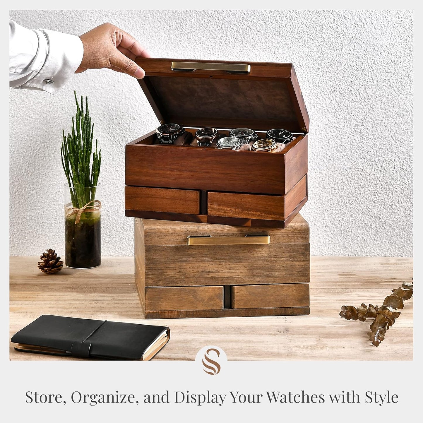 Shanik Luxury Large Watch Box Organizer for Men with 8 Divided Slots, Soft Velvet Pillows, and Pull-Out Drawers for Wallet, Cufflinks, and Accessories