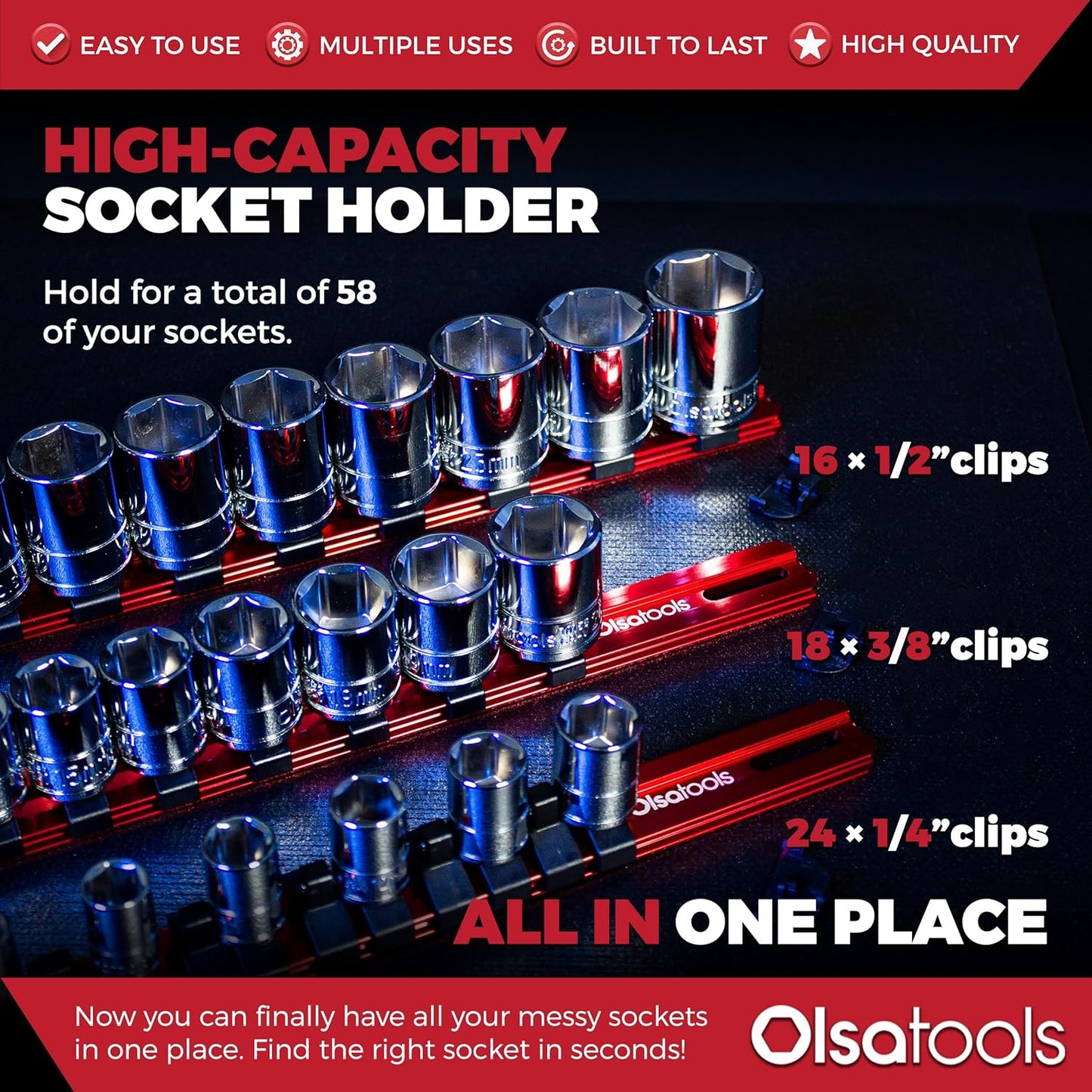 Olsa Tools 3-Pc Set Aluminum Socket Organizer | Locking End Caps | 1/4-Inch, 3/8-Inch, 1/2-Inch Drive Socket Holders with 24, 18, 16 Clips Each (Red)