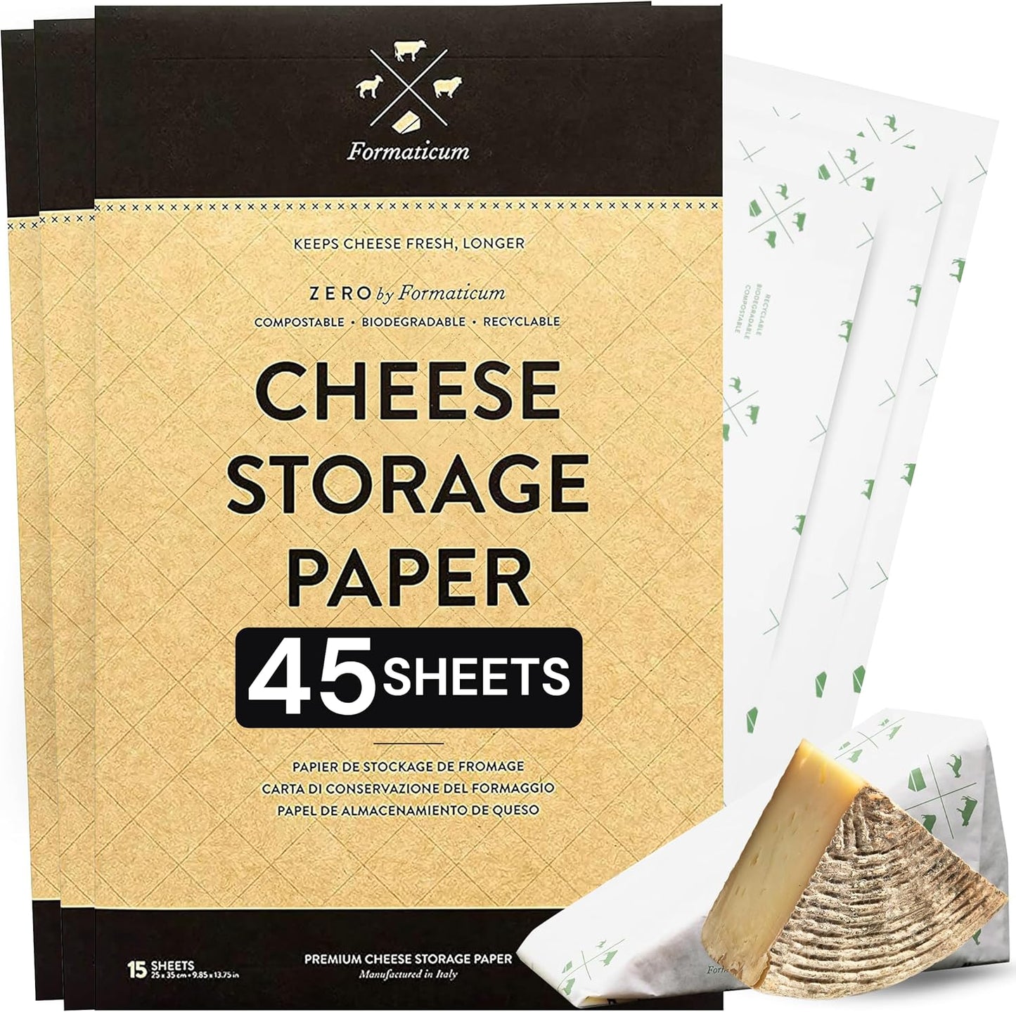 Formaticum 45-Pack Zero Cheese Storage Paper, Compostable, Biodegradable, and Plastic-Free Paper to Keep Cheese and Charcuterie Fresh, Kitchen Organization 9 x 13 Inches