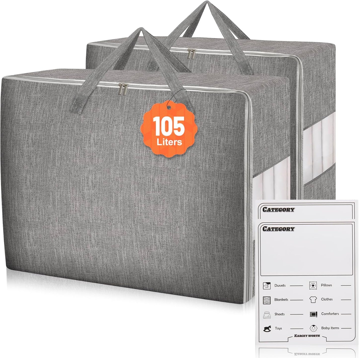 2 Pack 105L Comforter Storage Bags, Extra Large Bedding Storage Bags with Category Card and Clear Window, Reinforced Handles & Zippers, Foldable Closet Organizers for Blanket Pillow