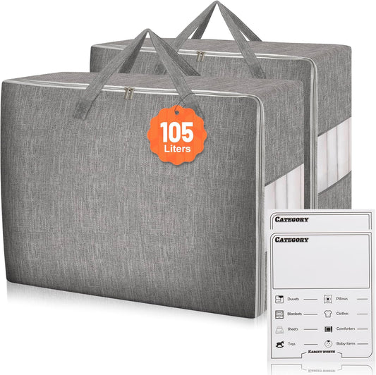 2 Pack 85L Comforter Storage Bags, Extra Large Bedding Storage Bags with Category Card and Clear Window, Reinforced Handles & Zippers, Foldable Closet Organizers for Blanket Pillow