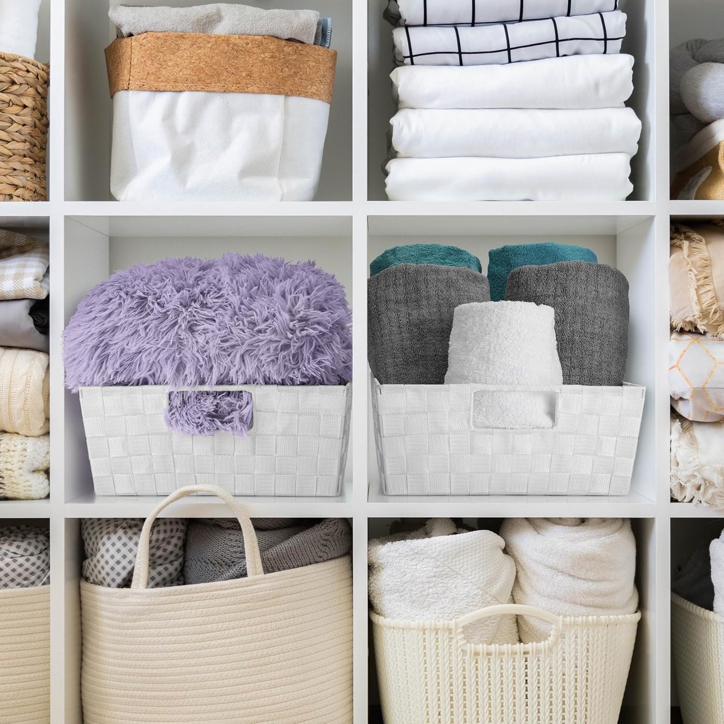Sorbus Set of 3 Large Woven Storage Baskets – Mesh Hand-Woven Baskets for Organizing, Fabric Storage Bins for Linen Closet Organizer, Storage Baskets for Shelves and Home Organization (White)