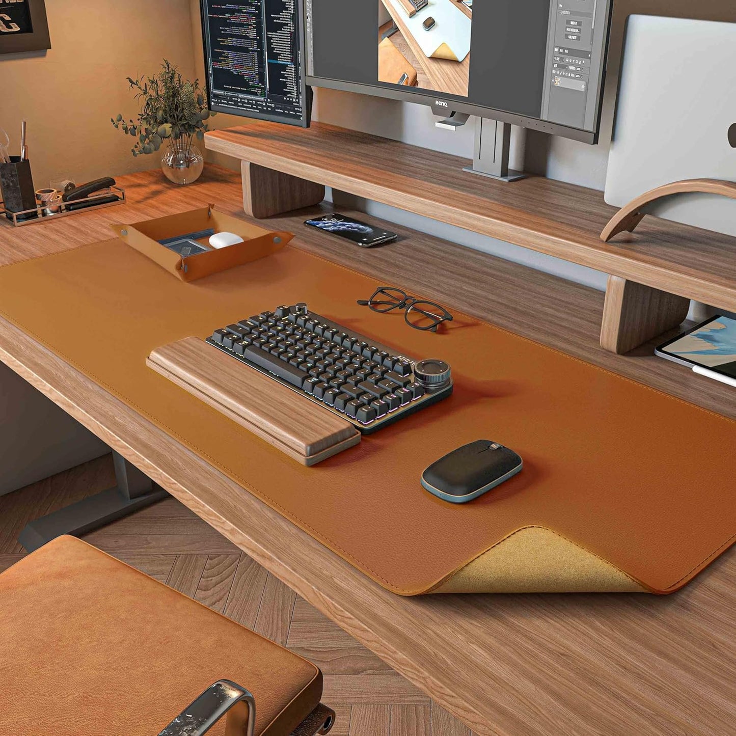 DAWNTREES Dual Sided Desk Mat,Leather Desk Pad,Brown Cork Desk Mat Protector,with PU Leather Valet Tray Organizer,Large Mouse Pad,Desk Writing Pad for Office and Home(31.5"x15.8")