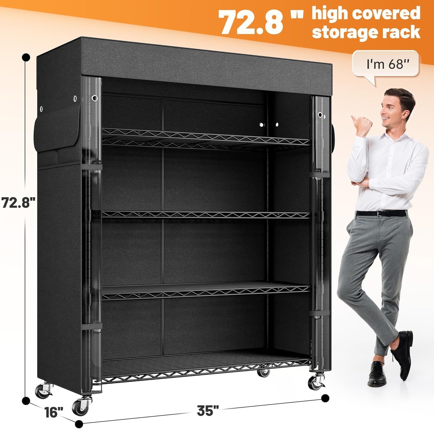 REIBII 72.8" H Storage Shelves with Cover & Wheels, Wire Shelving Heavy Duty Metal Shelving for Pantry Garage Kitchen Commercial Industrail, Storage Rack Shelf Shelving, 35" W*16" D*72.8" H