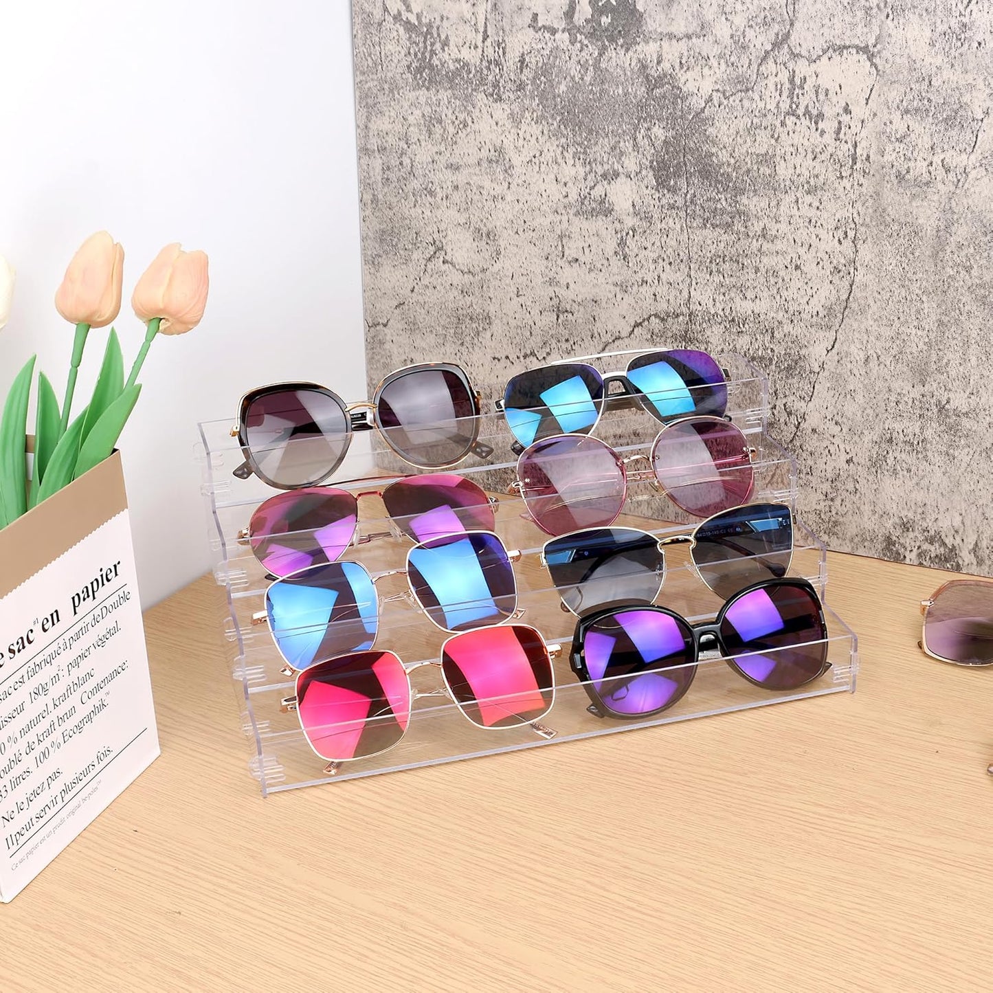Sunglass Organizer Easy Snap-on Assembly, Acrylic Sticker Display Stand for Vendors, Nail Polish Holder Nail Desk Essential Oil Lipstick Storage,Clear Sunglasses Perfume Organizer (4 Layers)