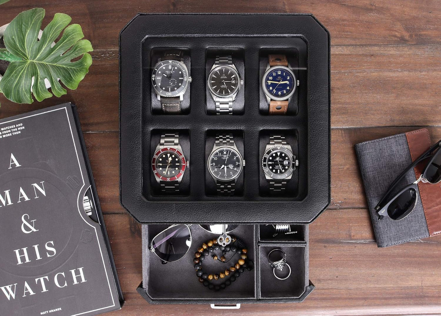 ROTHWELL Gift Set 6 Slot Leather Watch Box and 2 Watch Travel Case - Luxury Case Organizer, Microsuede Liner, Locking Mens Jewelry Watches Holder, Storage Boxes Glass Top (Black/Grey Gift Set)