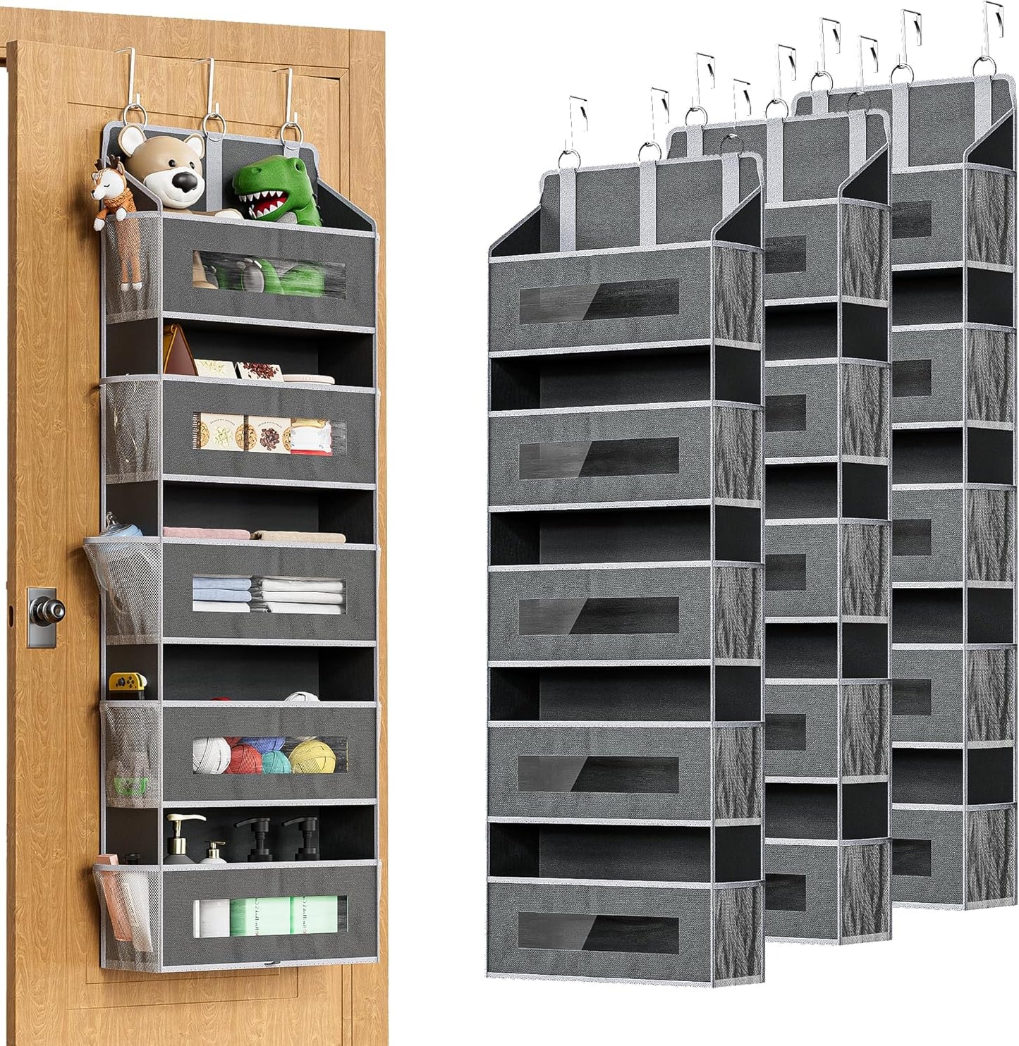 3 Packs 5-Tier Over the Door Storage Organizer with 10 Side Mesh Pockets, 48 lbs Load Capacity, 3 Hooks Design, Hanging Organizer with Clear Windows for Bathroom, Bedroom, Nursery, Kitchen-Grey