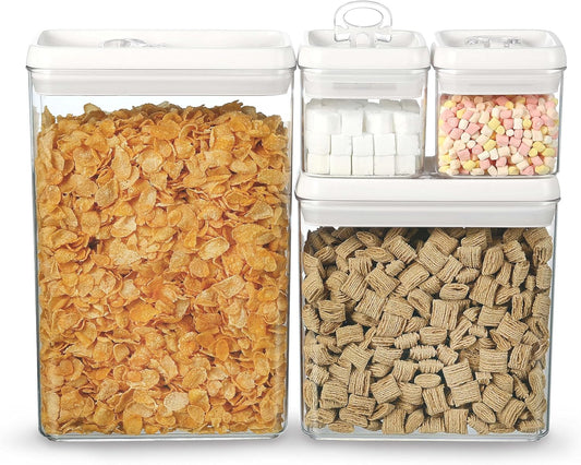 Felli Flip Tite Storage Container with Lid 4" RECTANGULAR Air Tight Ring Flip Top, Stackable Acrylic Canister for Kitchen Counter Pantry, Cereal Granola Pasta Spice, Christmas Gift (4pk, Variety)