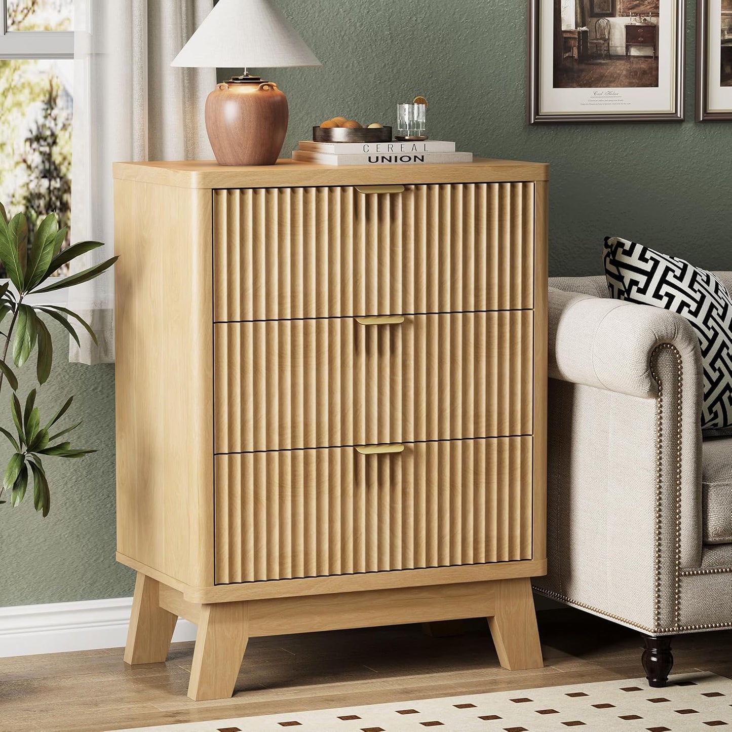 Fluted Nightstand with 3 Storage Drawers, 24" Wide Wood Bedside Table with Mental Handle, Mid Century Modern Wooden Side Table Night Stand, Curved End Table for Bedroom, Living Room, Oak