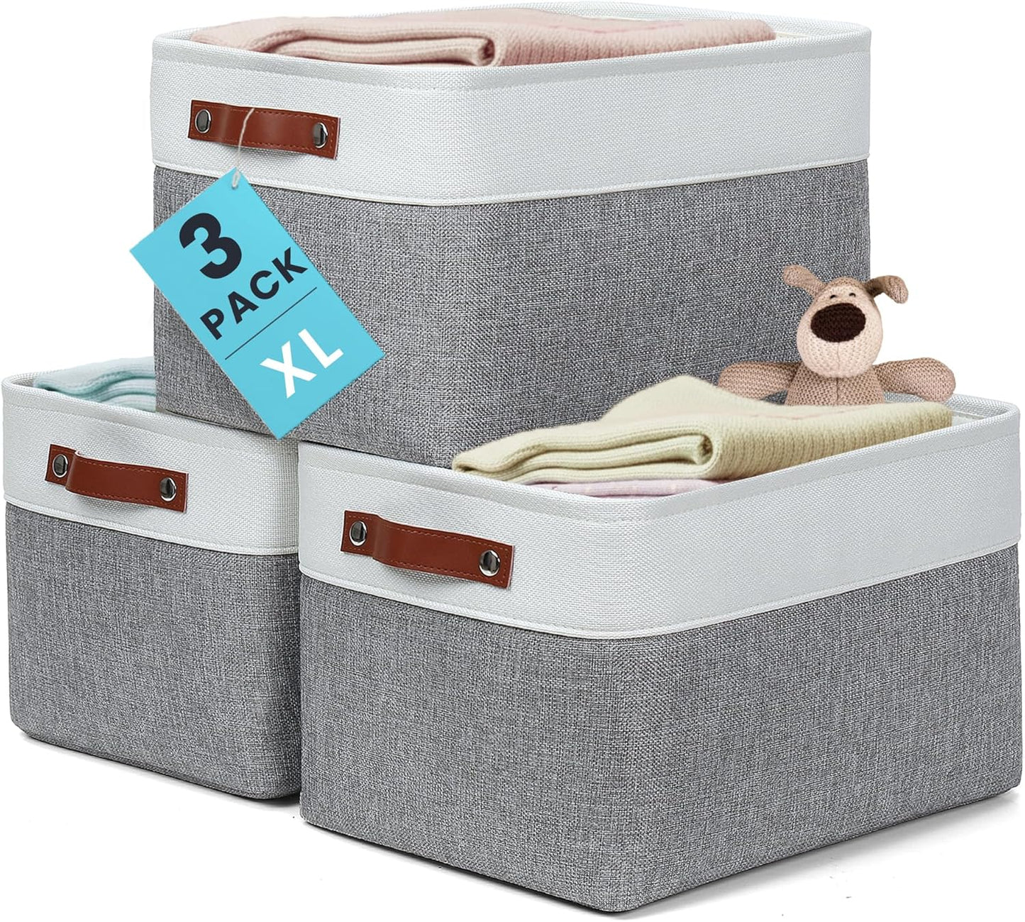 OrganiHaus Extra Large Fabric Storage Baskets for Shelves 3 Pack, 16x13in Closet Storage Bins for Shelves, Canvas Baskets for Organizing, Linen Closet Organizers, Cloth Basket, Gray/Off-White