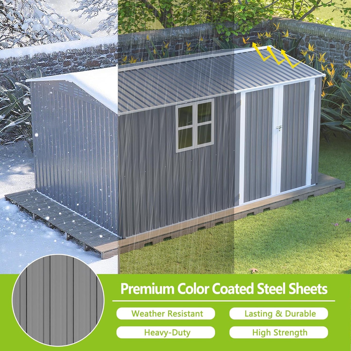 8x12 FT Outdoor Metal Storage Shed with Window & Floor Frame, Lockable Double Doors, Weatherproof Steel Tool Shed for Garden, Backyard, Lawn Equipment, and Patio Storage