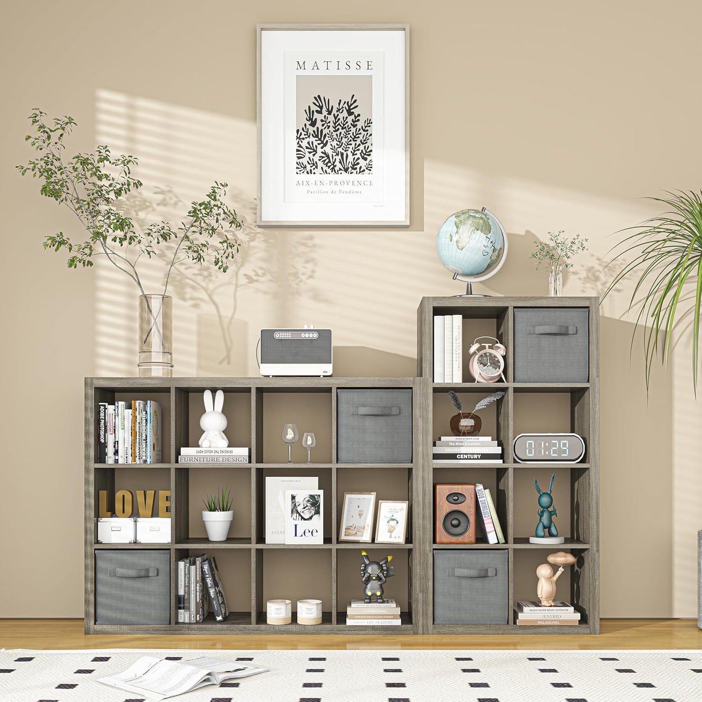 Bookshelf with Storage Bins, 9-Cube Storage Organizer Sturdy Wooden Bookcase Open Book Shelf, Multifunctional Cubicle Rack for Storage & Display, Furniture for Living Room Bedroom Office, Gray Oak