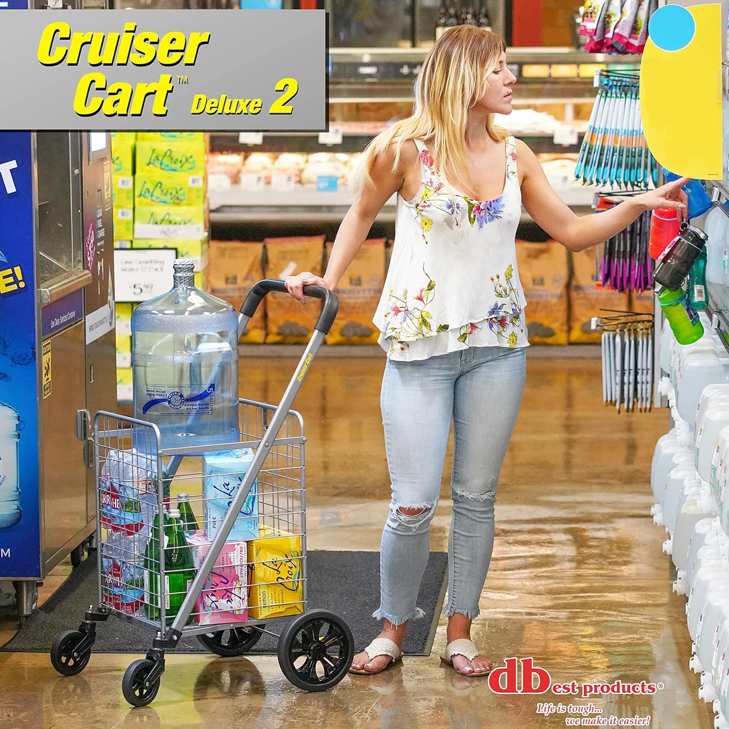 dbest Products Cruiser Cart Deluxe 2 Germ Guard Bundle Shopping Handle Grocery Rolling Folding Laundry Basket on Wheels Foldable Utility Trolley Compact Lightweight Collapsible
