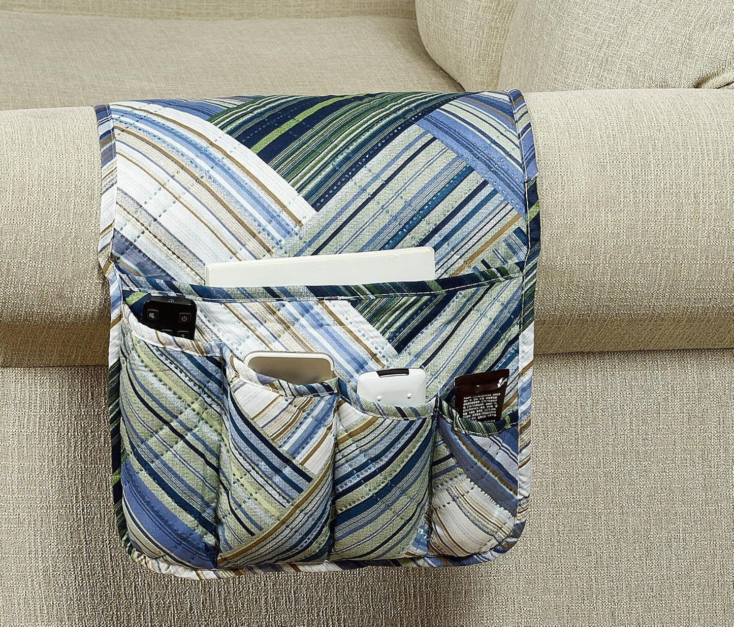 Brilliant Sunshine Teal Herringbone Patchwork Couch Armrest 5 Pockets Organizer, Slip Resistant Armchair Caddy, Washable Remote Controls Holder, Storage for Magazine, Tablet, Phone, iPad, Glasses,Teal