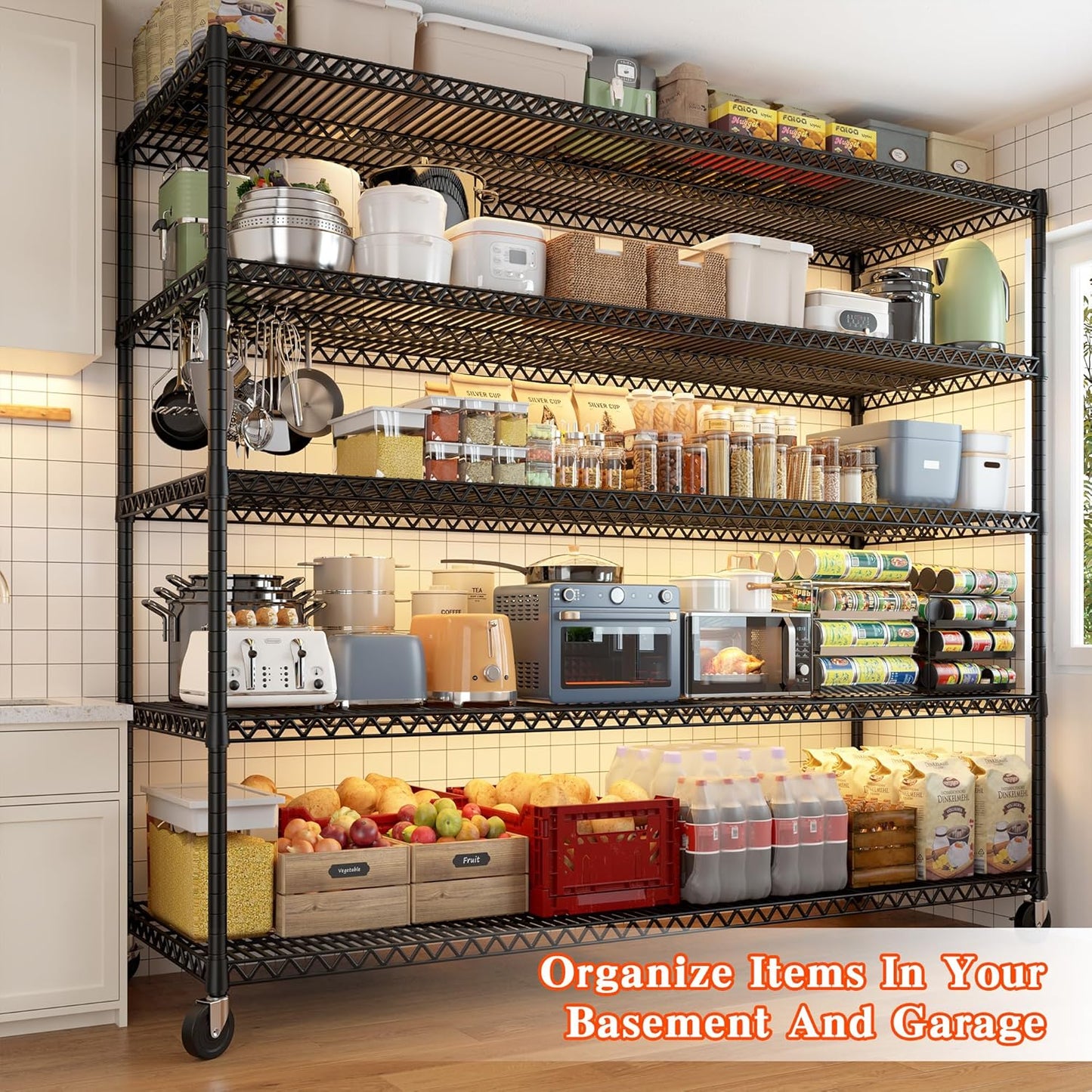 3200LBS Storage Shelves Wire Shelving with Wheels,Adjustable Garage Shelving Heavy Duty Steel Metal Shelving Unit Shelf Rack for Warehouses,Garage,Kitchen,School,Commercial,73" H X 60”W X 18" D