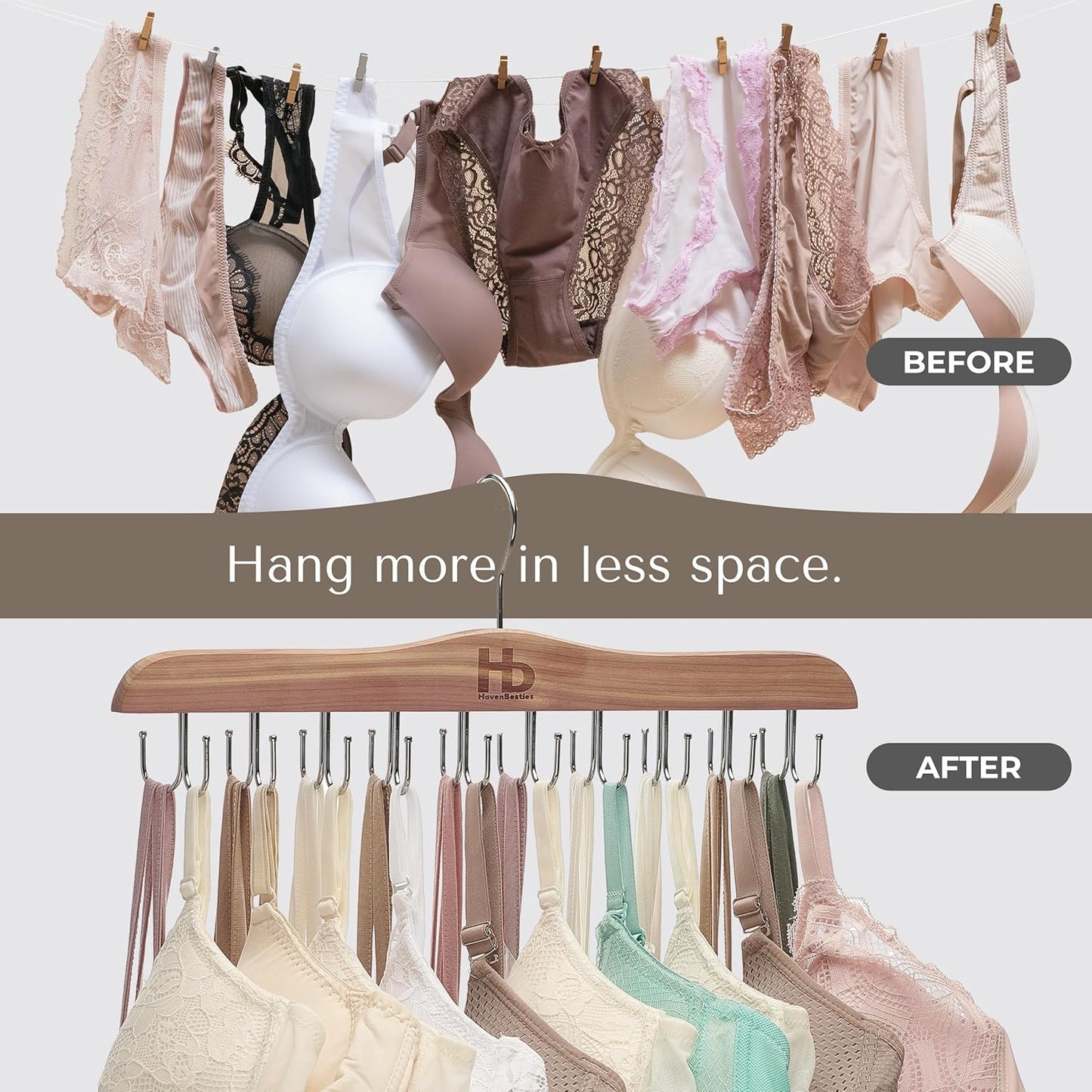 Large Bra Hanger and Bra Organizer for Closet – Tank Top Hanger Space Saving for House, Dorm, Apartment - Foldable Wooden for Closet Organizer– 20 Hook - Cedar WoodHanger, Natural, 1 Pack