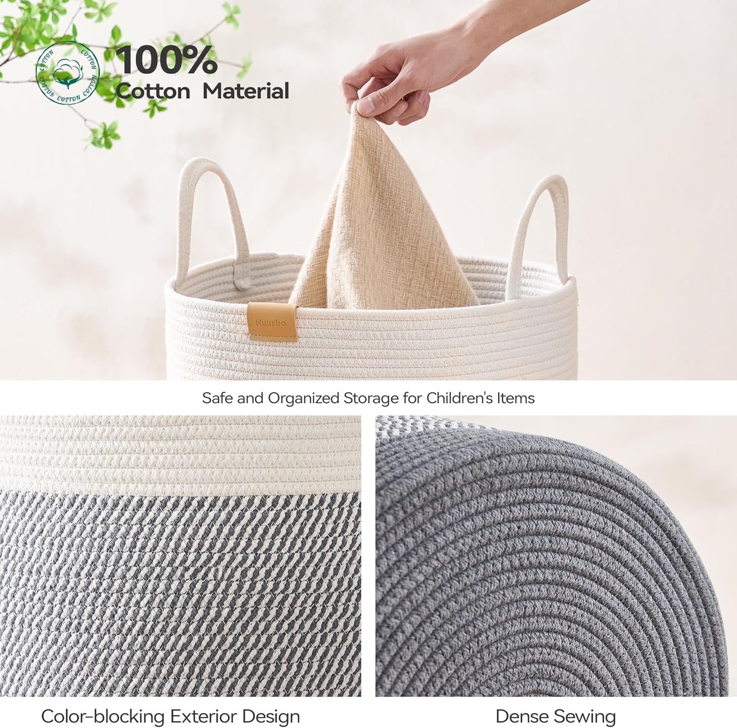 Laundry Hamper 75L,Large Laundry Basket for Clothes,Decorative Storage Basket for Blankets,Cotton Rope Woven basket for bedroom,Grey White