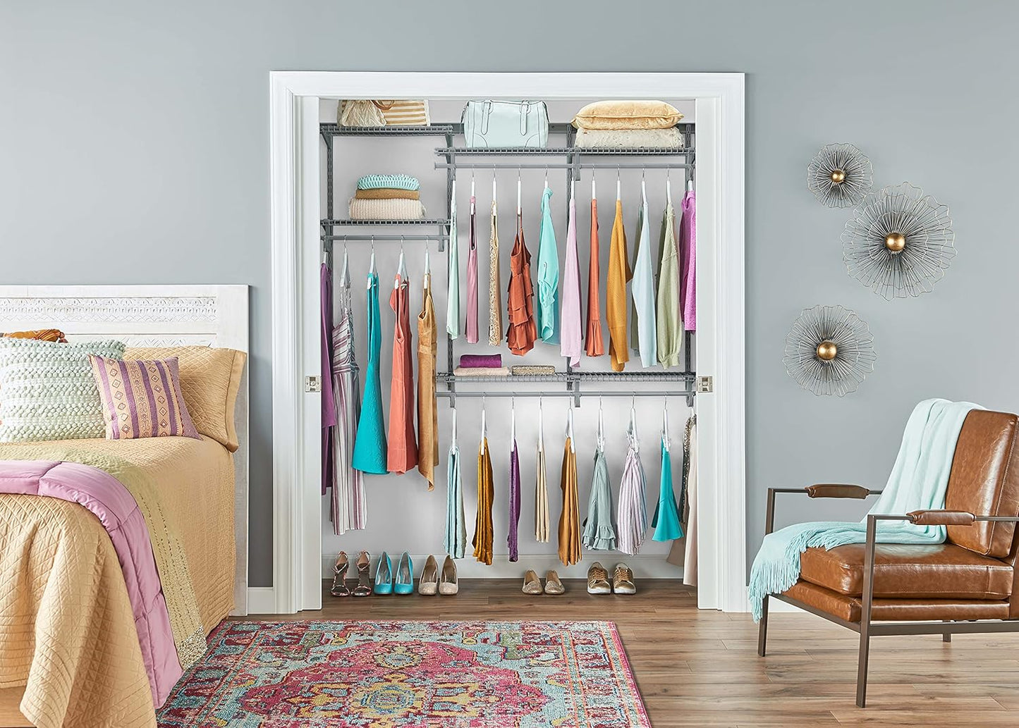 ClosetMaid ShelfTrack Wire Closet Organizer System, Adjustable from 4 to 6 Ft., With Shelves, Clothes Rods, Hardware, Durable Steel, Satin Chrome