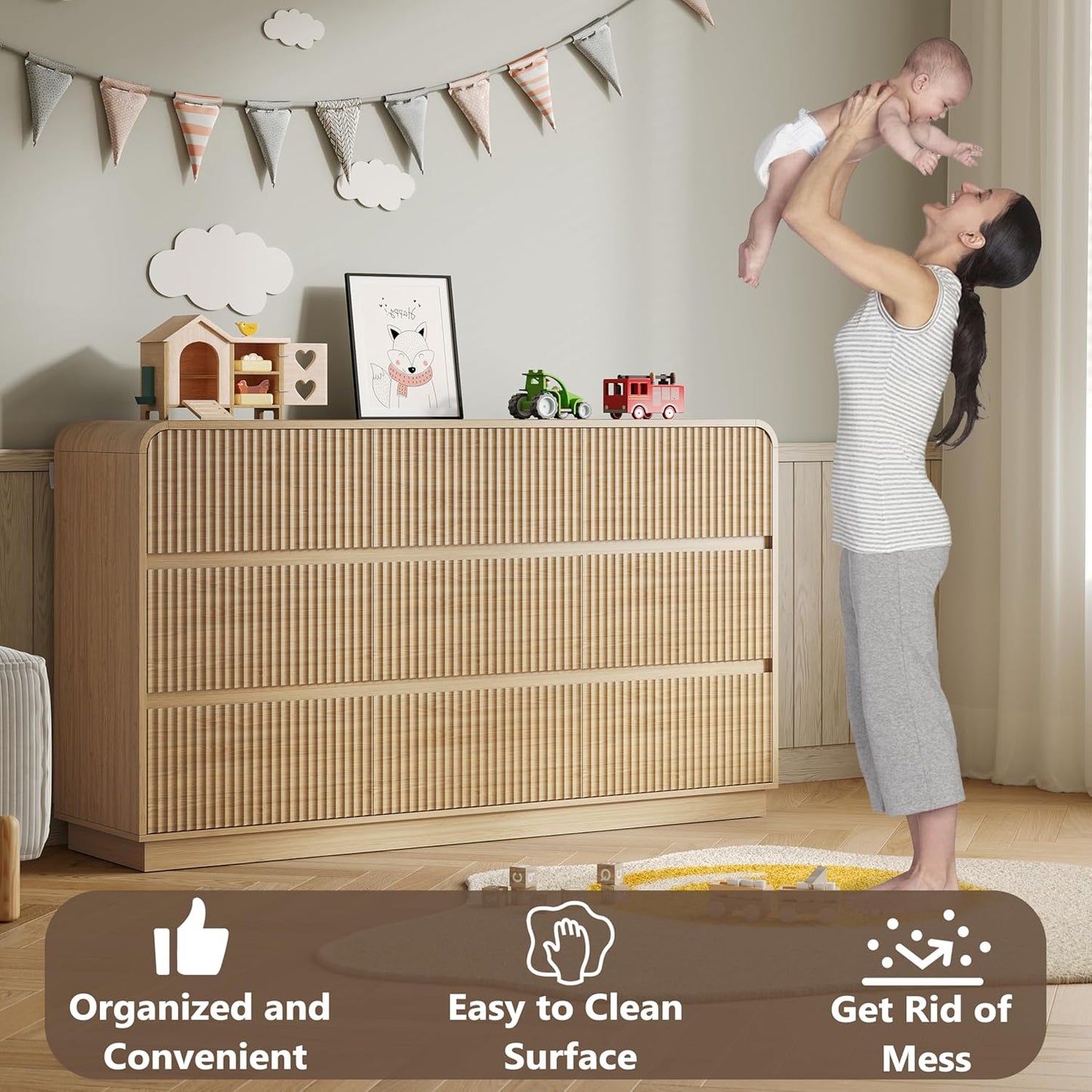 Dresser for Bedroom with 9 Drawers, Fluted Chest of Drawers with Round Curved Corner, Hidden Handles, Modern Wood Storage Organizer for Bedroom, Nursery, Living Room