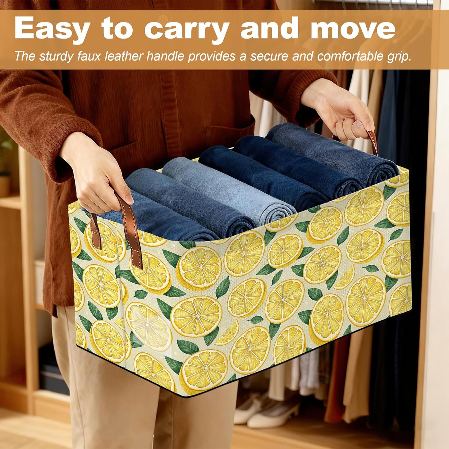 Lemon Storage Bin with Handles, Basket Storage Organizer for Shelves, Closet, Nursery, Book, Laundry Hamper & Home Decor