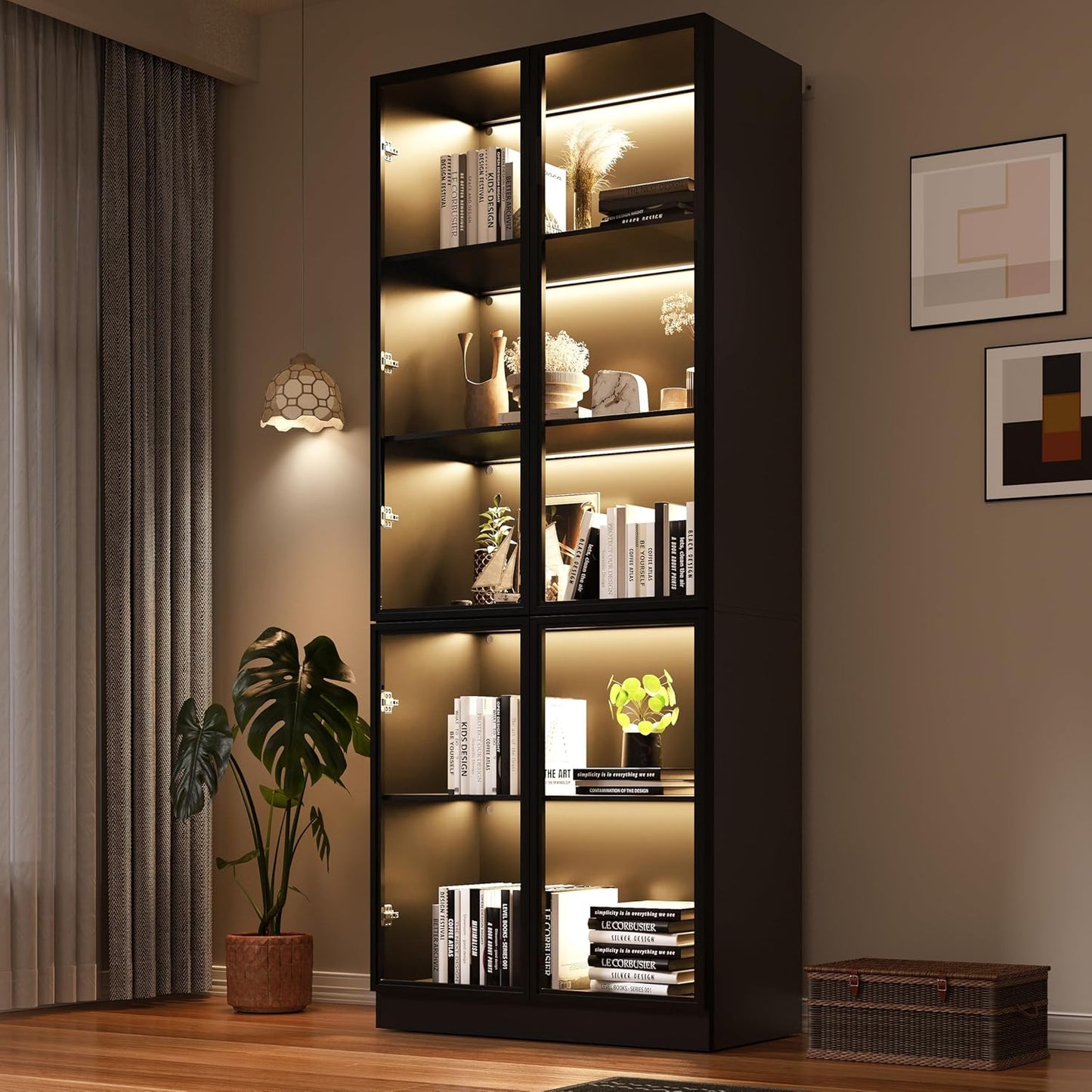 Wooden Display Storage Cabinet with Glass Door, LED Lights,Showcase for Collections, Perfume, Vinyl Albums, Bookcase for Home Office, Living Room, Clinic, Pantry (5 Layers-Black)