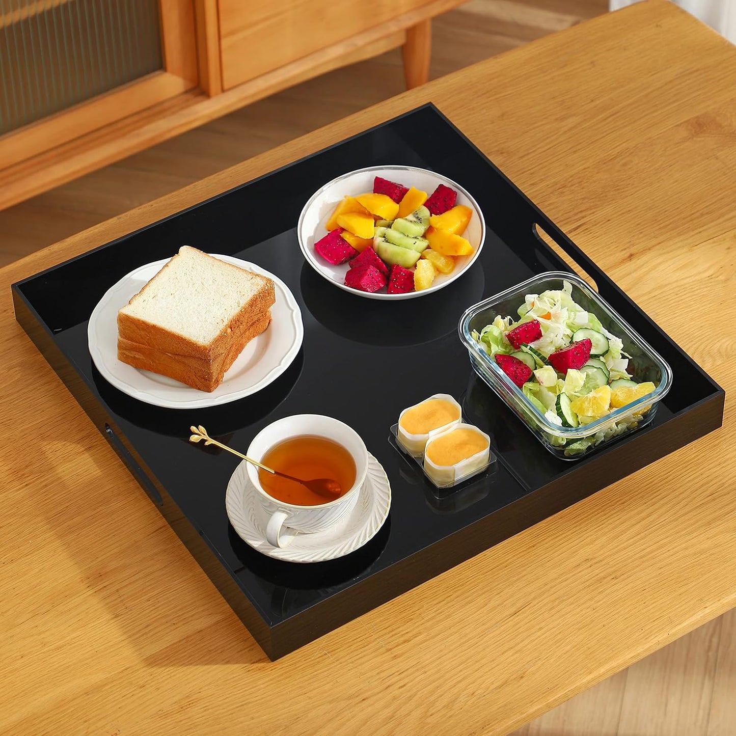 Black Oversize Acrylic Serving Tray with Handles 19x19 Inch -Spill Proof- Decorative Trays Countertop Organizer for Ottoman,Nightstand, Sidetable, Butler (19x19 Inch, Black)