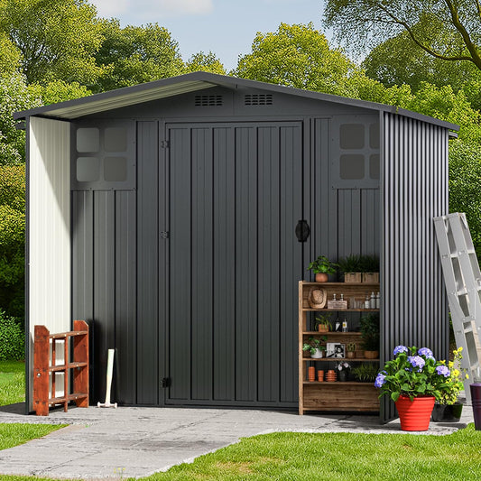 6×6 FT Metal Outdoor Storage Shed with Windows, Lockable Waterproof Sheds & Outdoor Storage, Garden Tool Shed for Lawn Mower & Backyard Patio, Dark Gray (No Floor)