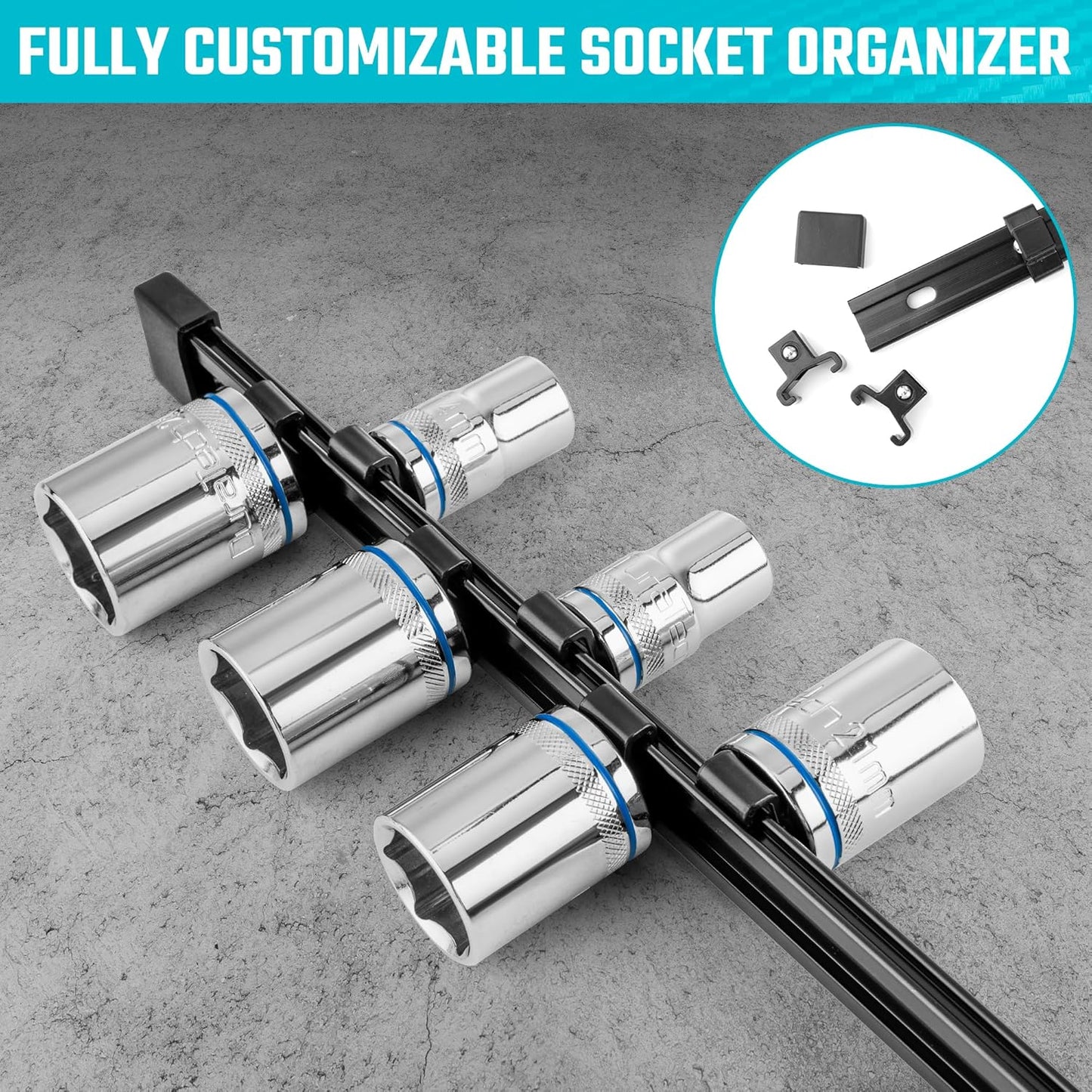 DURATECH Socket Organizer Set, 3-Piece Aluminum Alloy Socket Holder, Heavy Duty Socket Rail, 1/4" x 24 Clips, 3/8" x 18 Clips, 1/2" x 16 Clips