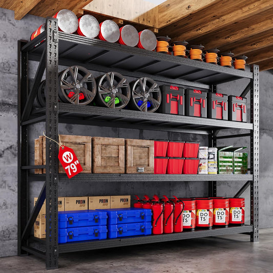 79”W Garage Shelving Heavy Duty, 7000LBS Metal Storage Shelves, 24” Deep Storage rack shelf, Steel Tall Industrial Shelving , 4 Tier Adjustable Standing Shelf for Warehouse / Shop 79"W x 24"D x 79"H