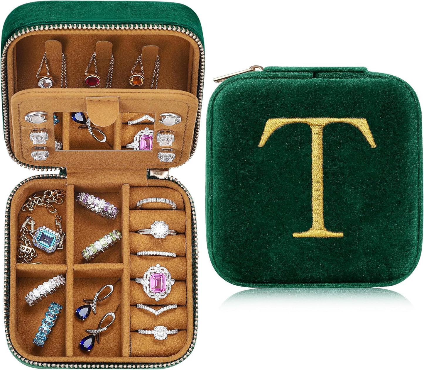 Parima Thanksgiving Gifts for Women - Teacher Appreciation & Birthday Gifts, Travel Jewelry Box Case - Letter T, Green