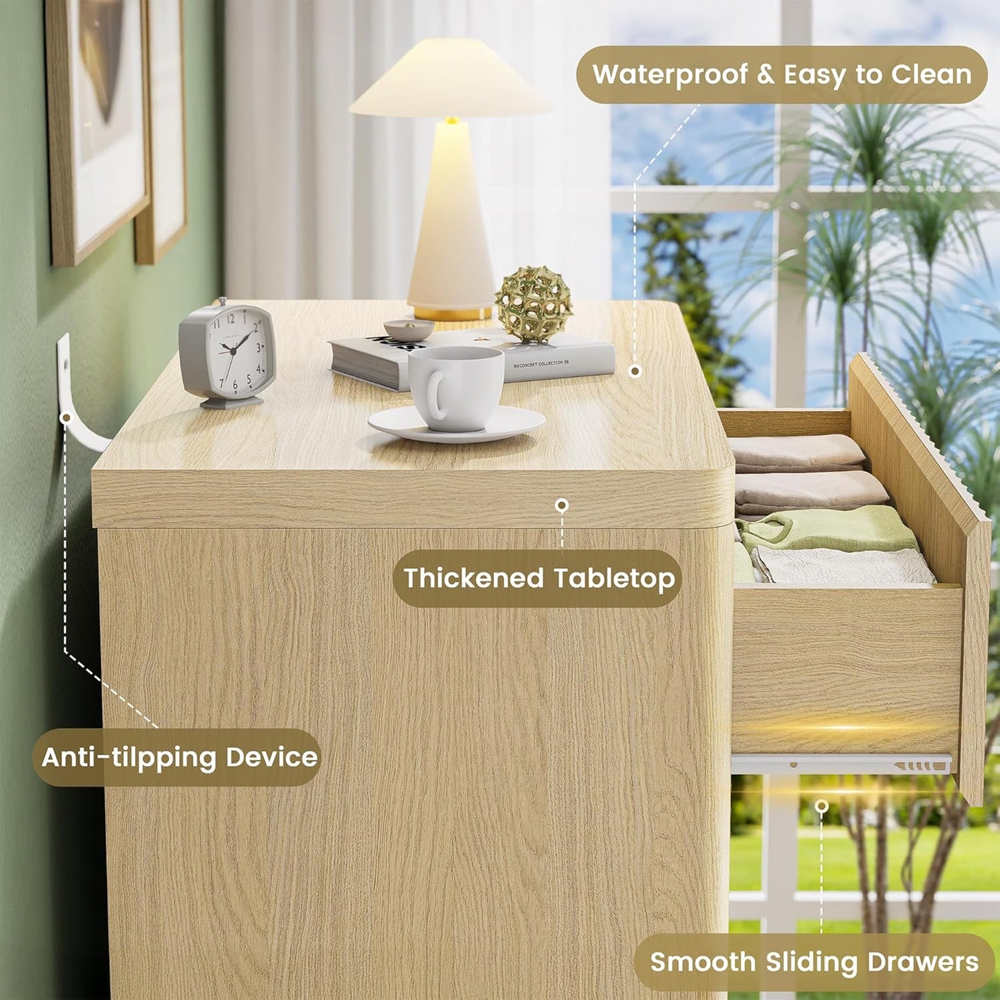 Fluted Nightstand with 3 Drawers, Wood Night Stand with Storage， 25" Wide Bedside Table, Modern Side Table for Bedroom, End Table for Living Room, Handleless Design, Curved Profile, Natural Oak 1PC