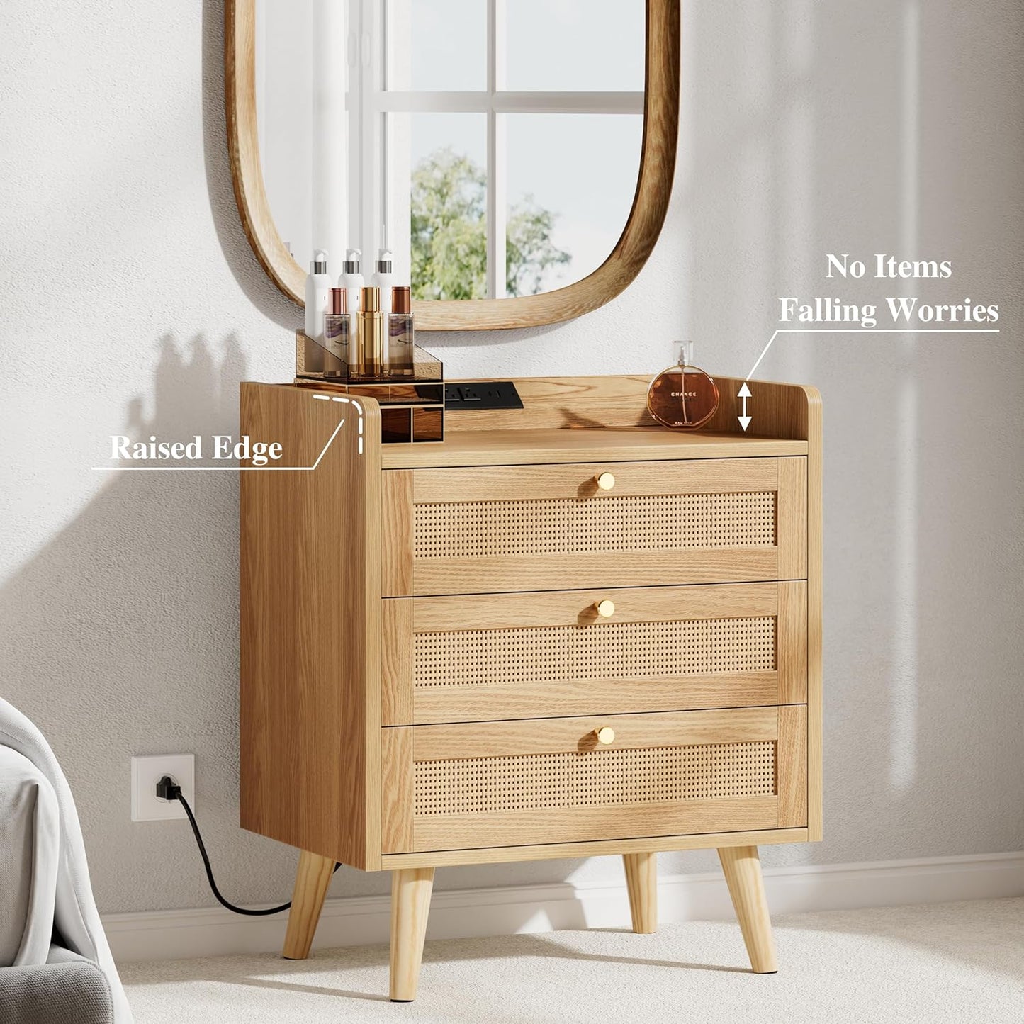 Rattan Night Stand with Charging Station, End Tables with 3 Drawer Dresser, Boho Bedside Table, Mid Century Modern Nightstand, RuralCabinet for Farmhouse Bedroom Living Room Sofa Couch Office Corner