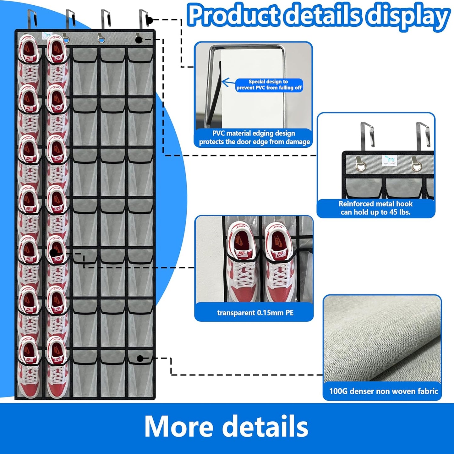 over the door shoe organizer,2025 upgraded,over door shoe organizer,35 Huge clear pockets,over door shoe organizer,Store size 13 shoes,hooks Suitable for various doors,Grey
