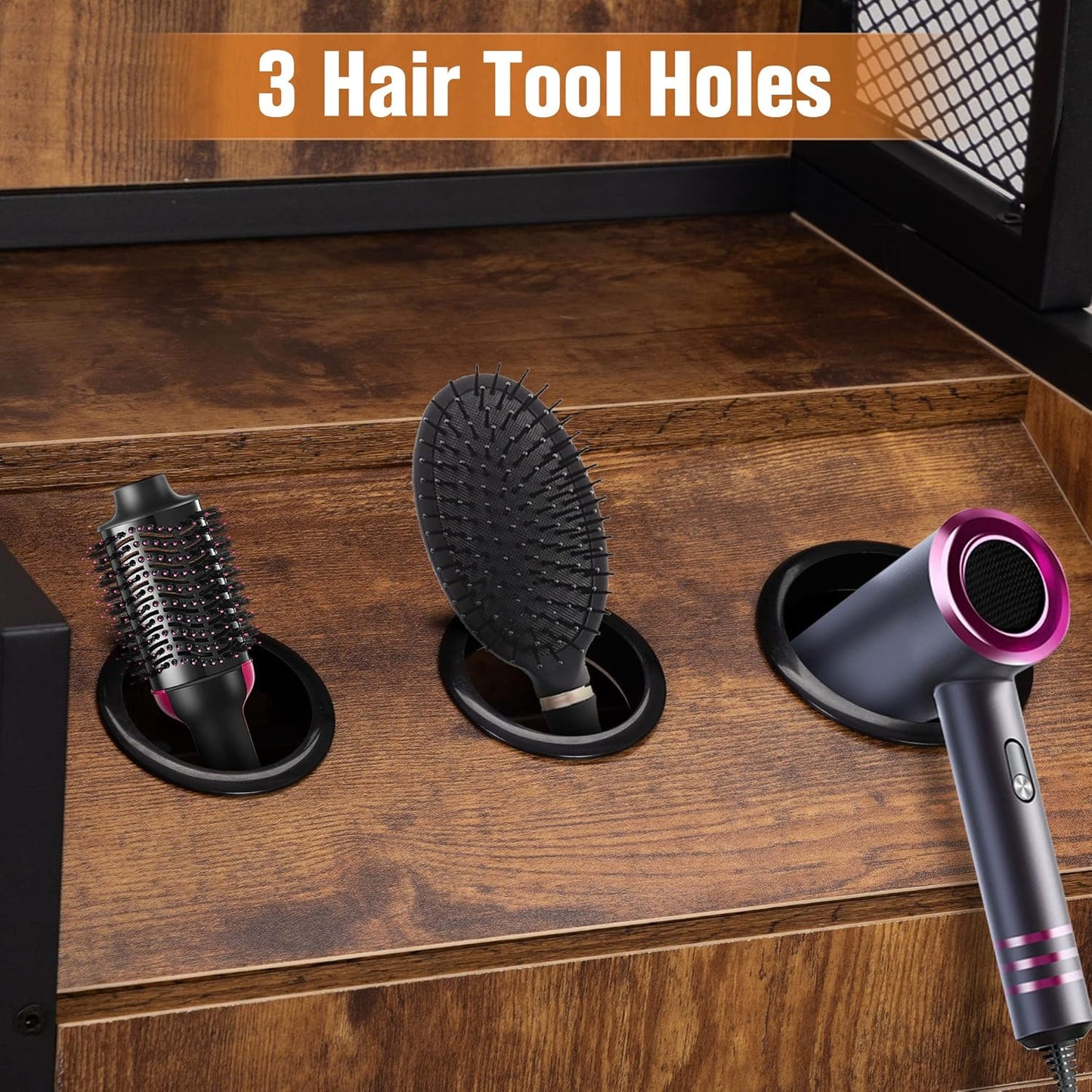 Industrial Style Hair Salon Station, Beauty Equipment Station for Hair Stylists, Spas & Barbers, Storage Cabinet with 3 Hair Dryer Holes and Lockable Drawers, Rustic Brown