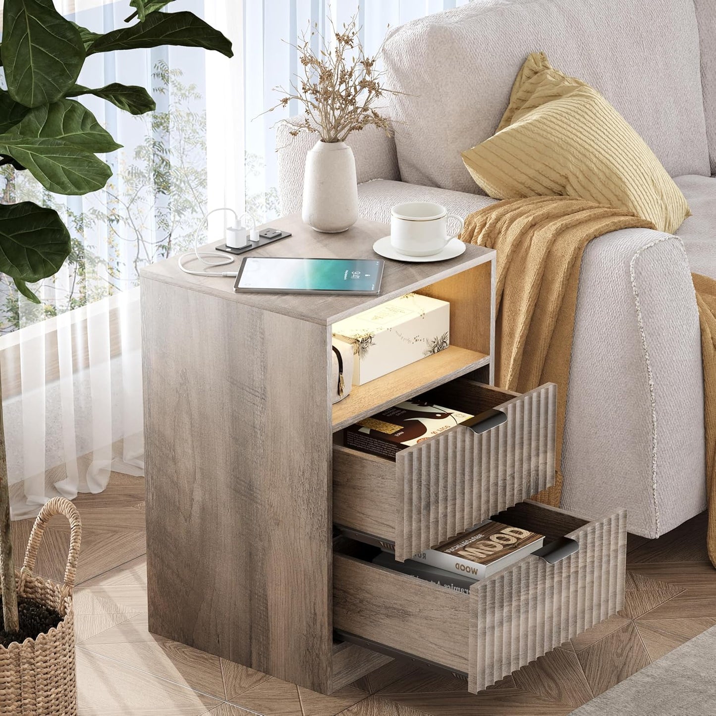 LED Nightstand with Charging Station, Fluted Nightstand Set of 2, Wood Nightstands with 2 Drawers & Metal Handles, Modern Bedside Table & End Tables, Farmhouse Night Stands for Bedroom, Grey