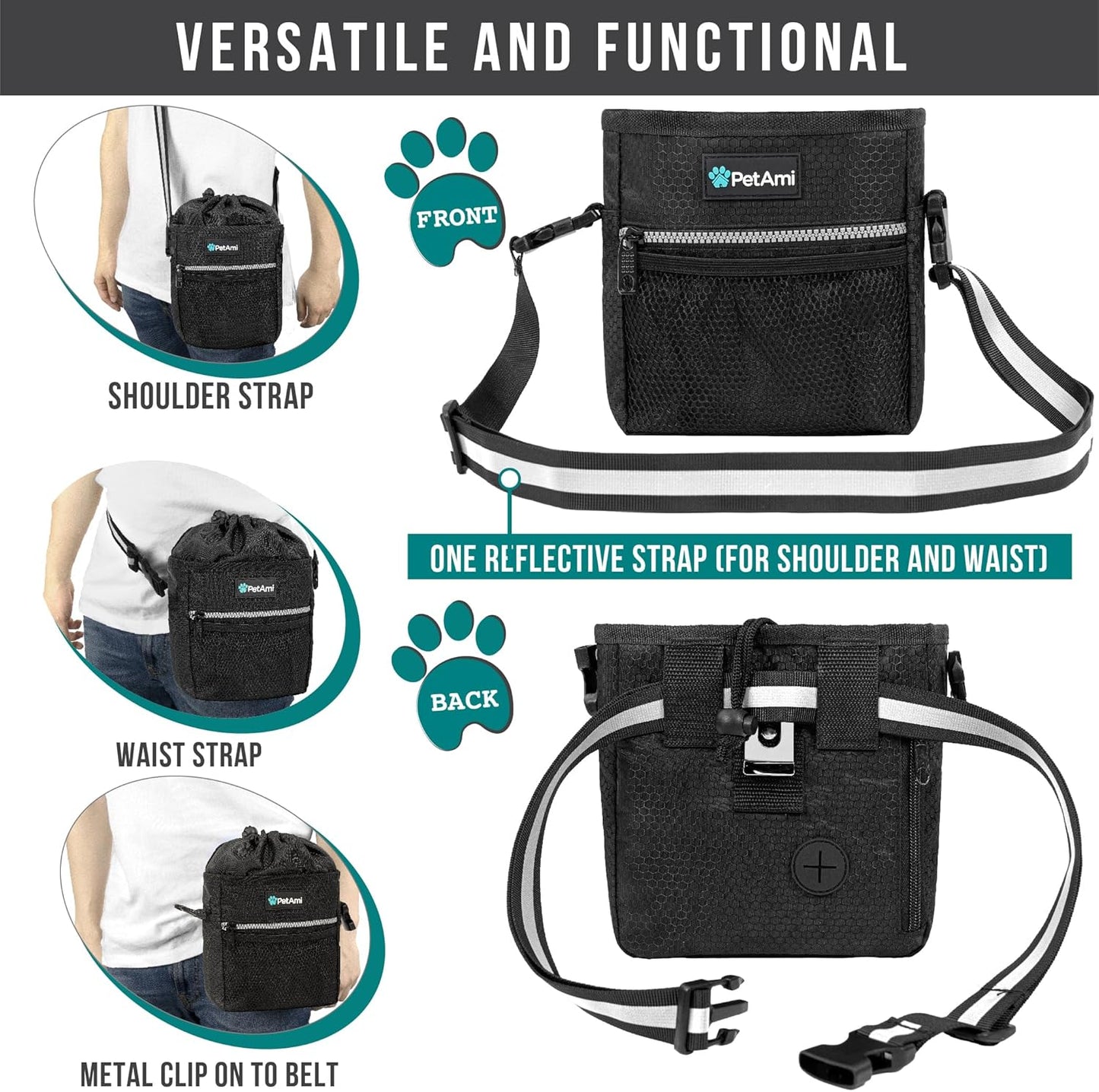 PetAmi Dog Treat Pouch, Pet Treat Pouch for Training, Dog Walking Bag Holder for Kibbles, Pet Food Toy, Dog Trainer Essentials Supplies, Poop Bag Dispenser, 3 Ways to Wear (Black)