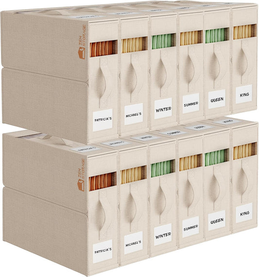 12Pack Sheet Organizers and Storage - King/Queen Size Sheet Storage Organizer with Window, Foldable & Dustproof Sheet Organizer for Linen Closet for Summer Blankets & Sheet Sets,Beige