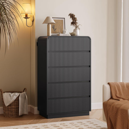 Tall Dresser for Bedroom with 5 Drawers, Fluted Chest of Drawers with Round Curved Corner, Hidden Handles, Modern Wood Storage Organizer for Bedroom, Nursery, Living Room