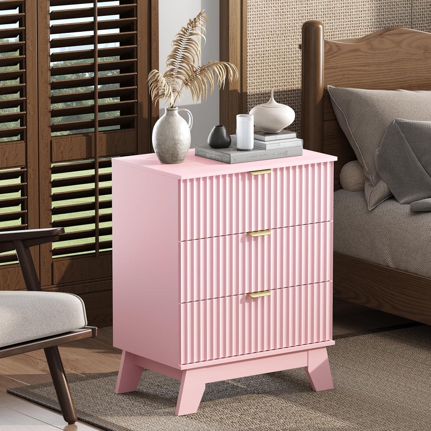 Pink Night Stand with 3 Drawers, Bedside Table & End Table, 24" Wide Mid Century Modern Fluted Wood Nightstand with Metal Handles, Farmhouse Night Stands for Bedroom