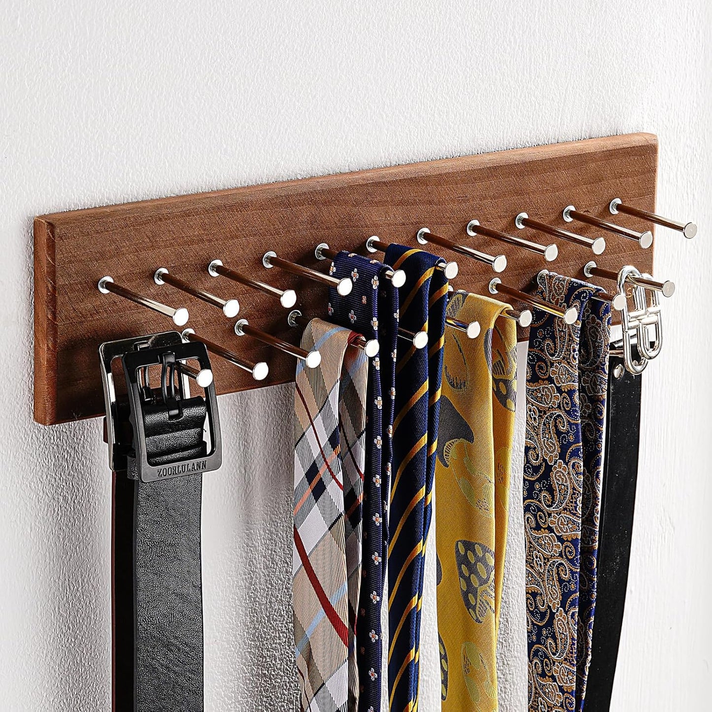 TreeHouse London Tie Rack Organizer – Holds 40 Large Ties – Solid Wood & Sturdy Metal Storage Holder for Closet – Wall Mounted Tie Display Hanger for Wall, Bedroom - (Walnut Tie Rack) 16" L X 4.25" H