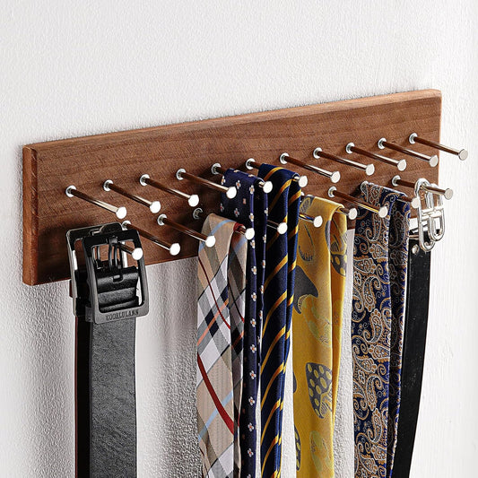 TreeHouse London Tie Rack Organizer – Holds 40 Large Ties – Solid Wood & Sturdy Metal Storage Holder for Closet – Wall Mounted Tie Display Hanger for Wall, Bedroom - (Walnut Tie Rack) 16" L X 4.25" H