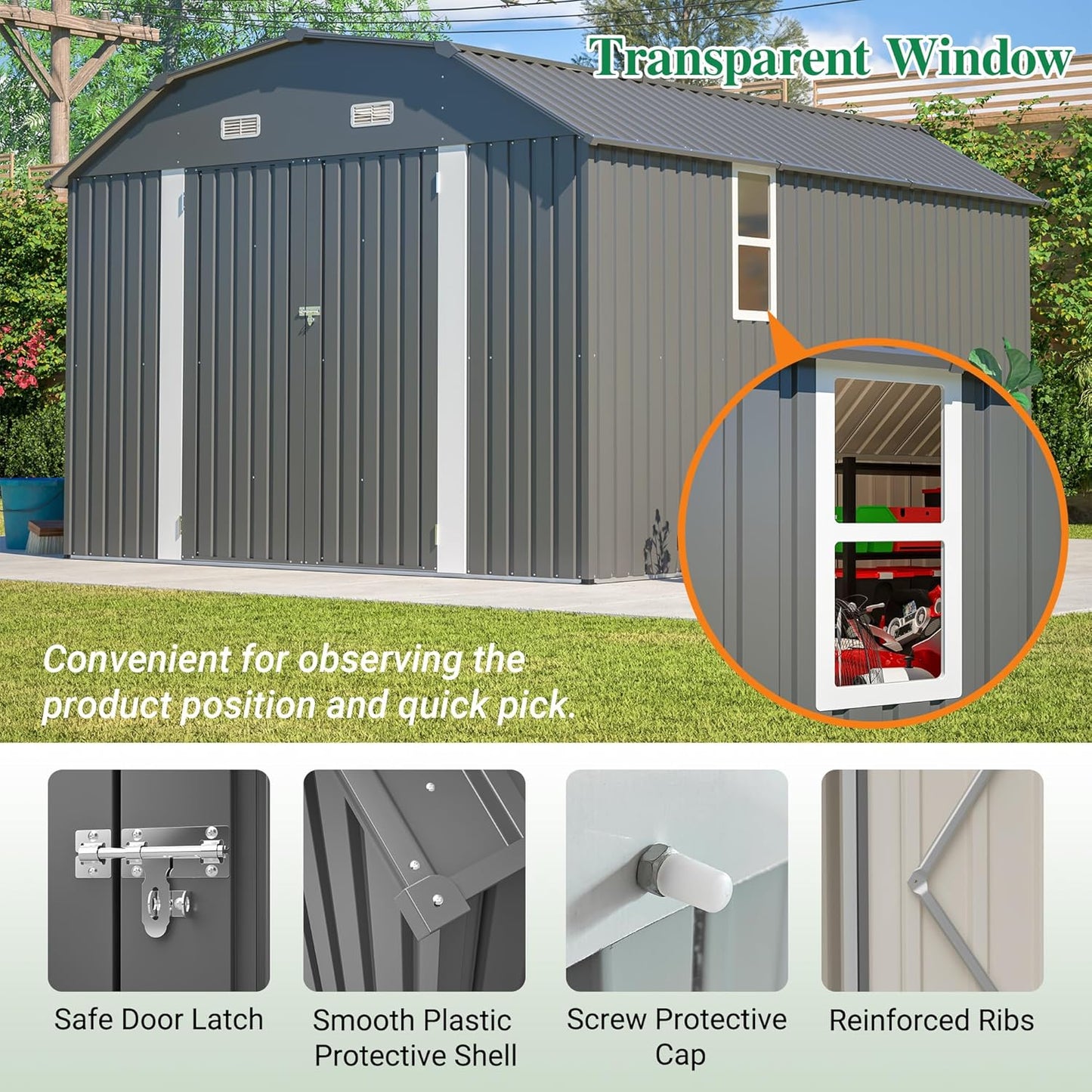 Large Outdoor Storage Shed, 10' X 12' Metal Galvanized Steel Garden Sheds with 4 Vents & 2 Windows, Utility Tool Shed for Backyard, Patio, Lawn,Gray
