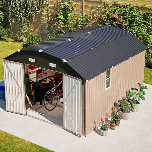Large Outdoor Storage Shed, 10' X 12' Metal Galvanized Steel Garden Sheds with 4 Vents & 2 Windows, Utility Tool Shed for Backyard, Patio, Lawn,Brown