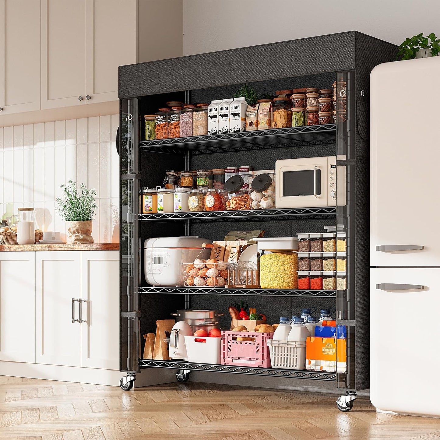 REIBII 72.8" H Storage Shelves with Cover & Wheels, Wire Shelving Heavy Duty Metal Shelving for Pantry Garage Kitchen Commercial Industrail, Storage Rack Shelf Shelving, 35" W*16" D*72.8" H