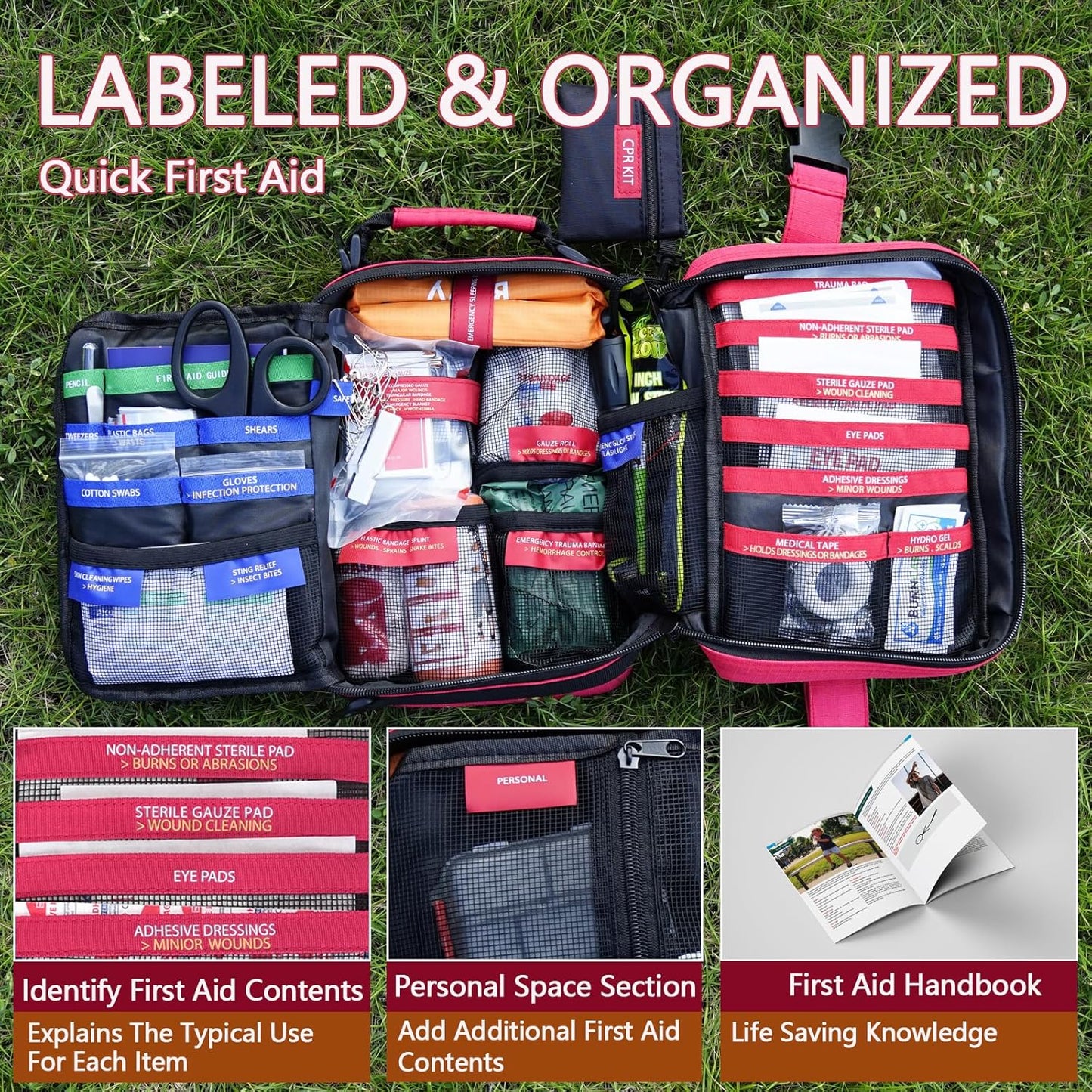 Comprehensive First aid Kits, First Aid Trauma Kit with Labelled Compartments for Cars, Home, Office, Backpacking, Camping, Traveling, and Cycling -324 Pieces