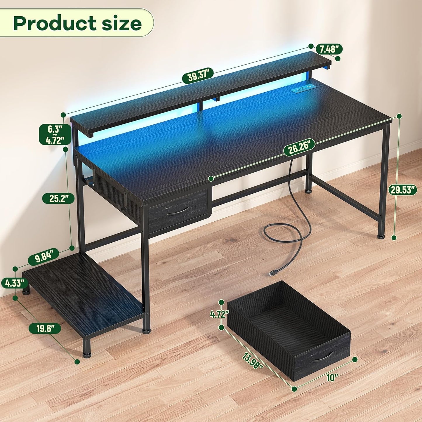 39.3" Gaming Desk with Power Outlet and LED Lights,Computer Desk with Adjutable Monitor Stand and Drawer,Office Desk with CPU Stand for Home Work,Study and Gaming, Small Spaces,Black