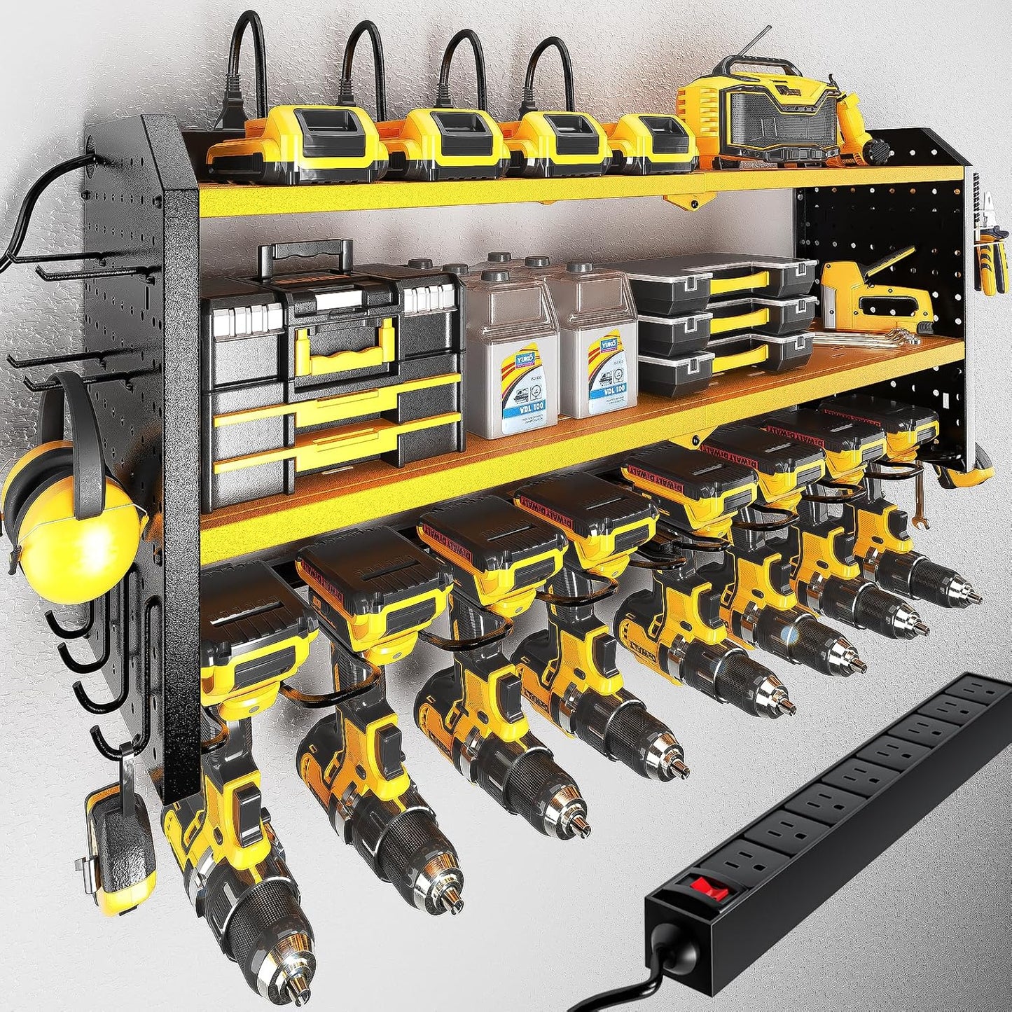KAFAHOM Power Tool Organizer with Charging Station, Built in 8 Outlet Power Strip,Large 8 Drill Holder Wall Mount, Heavy Duty Metal Power Tool Storage Rack Tool Shelf for Garage Organization Black