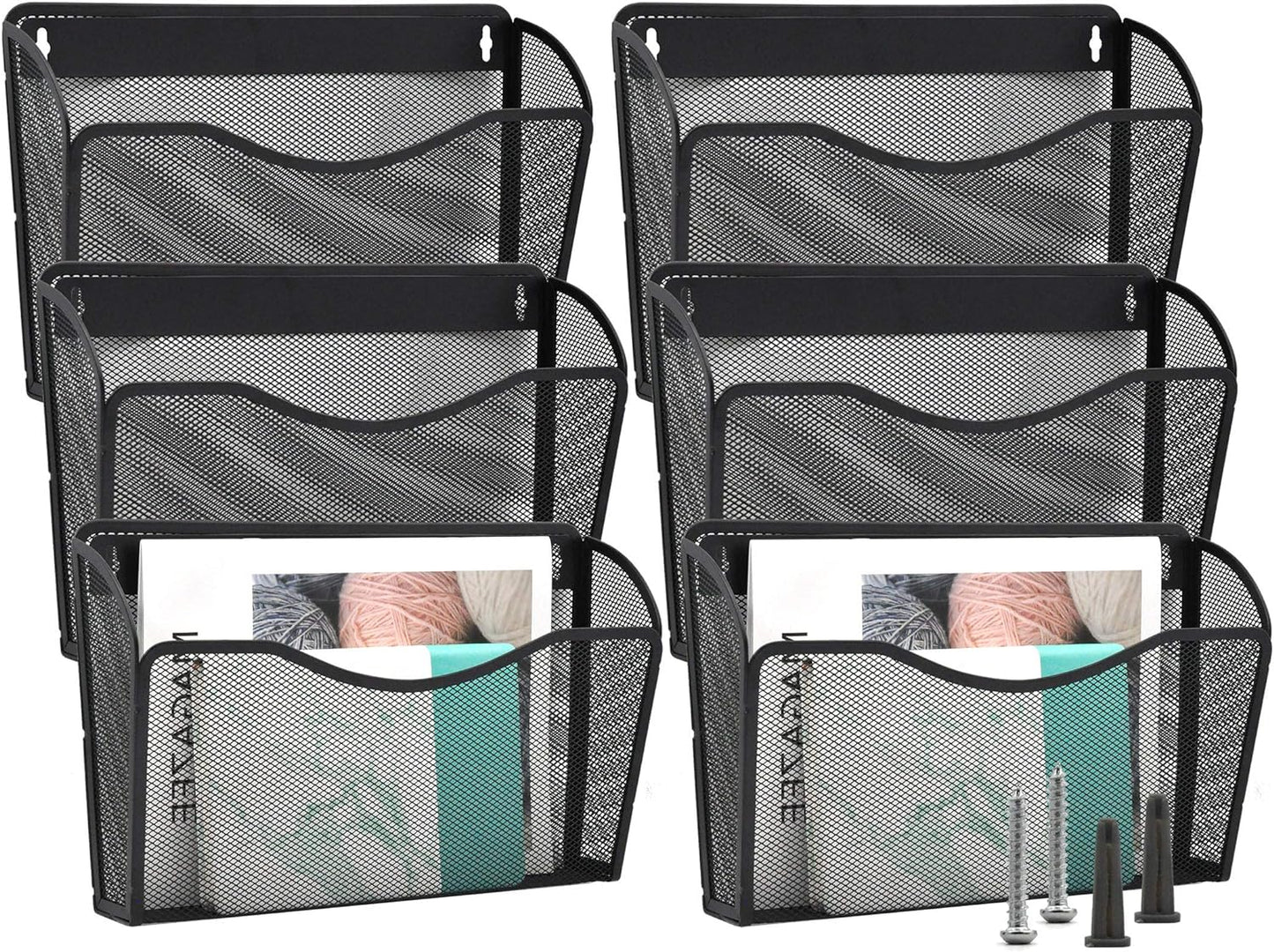 EASEPRES 6 Single Pocket Mesh Hanging File Organizer, Vertical Wall Mounted Magazine File Holder, Mount Basket Mail Paper Document Folder Organizing for Office, Home and School, Black