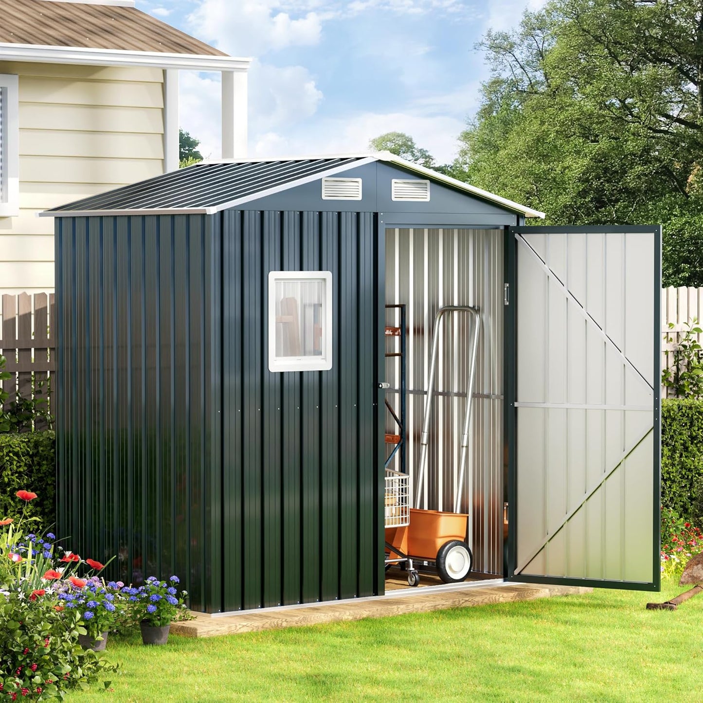 Breezz 6x4FT Metal Storage Shed with Floor Frame & Lockable Doors, Outdoor Steel Garden Shed with Clear Window, Weatherproof Tool Storage for Patio, Yard, and Backyard, Nightblue