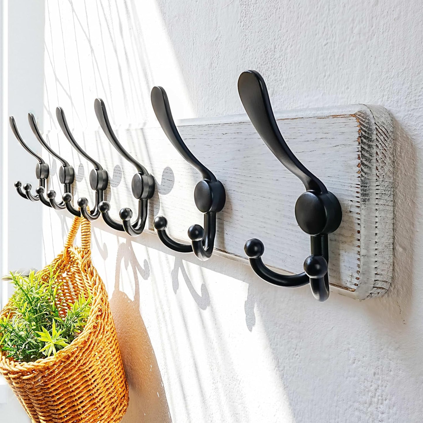 Dseap Coat Rack Wall Mounted - 24" Long 6 Tri Hooks, Heavy Duty Wooden Wall Coat Hanger Coat Hook for Clothes Hat Jacket Clothing, White and Black, Pack of 2